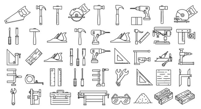 Professional workshop collection featuring essential tools and equipment for crafting and construction projects.