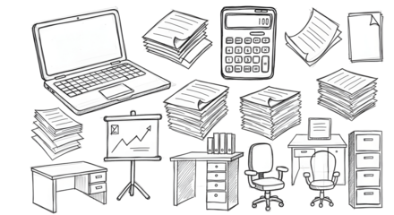 Organize your workspace with essential office supplies like laptops, desks, chairs, and files for modern business productivity.