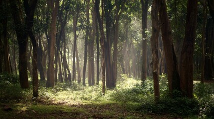 Obraz premium camphor. Sunlight filtering through a forest of camphor trees with visible light rays. travel magazines, destination branding, designed for travel destination branding, used by logistics managers.