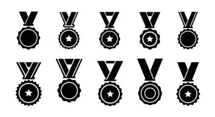 Collection of clean white award medal icons with stars and circles on transparent background