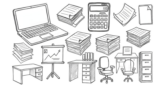 Organize your workspace with essential office supplies like laptops, desks, chairs, and files for modern business productivity.