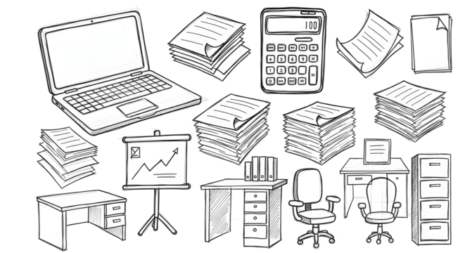 Organize your workspace with essential office supplies like laptops, desks, chairs, and files for modern business productivity.
