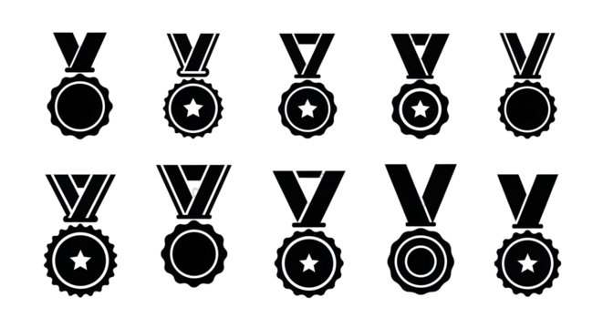 Collection of clean white award medal icons with stars and circles on transparent background - Powered by Adobe