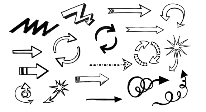 Dynamic hand drawn arrows and directional symbols for creative projects and modern infographics