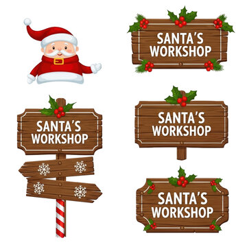 Cartoon Santa Claus and wooden Santas Workshop signs collection.