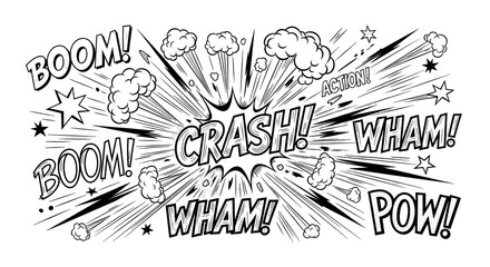 Explosive comic book sound effects and action words create dynamic visual impact