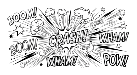 Explosive comic book sound effects and action words create dynamic visual impact