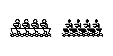 Rowing icon set. Line Art Rowing Team Icon in a Boat with Water Waves Symbol. Isolated on white background. © Uswa KDT