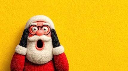 Whimsical Santa Claus character with glasses, expressing surprise and joy, against a vibrant yellow background, perfect for festive holiday themes and cheerful decorations