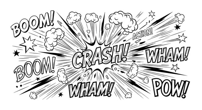 Explosive comic book sound effects and action words create dynamic visual impact
