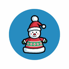 Cartoon snowman in festive sweater and Santa hat on blue background  