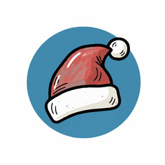 Red Christmas Santa hat illustration on blue circular background  