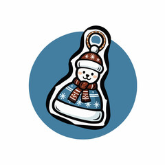 Cute snowman bell ornament with scarf and hat on blue background  