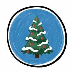 Christmas tree decorated with ornaments and snow on blue background  