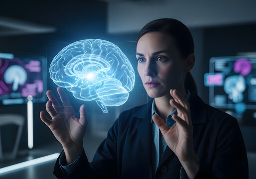 A Doctor Analyzing a 3D Holographic Brain Scan