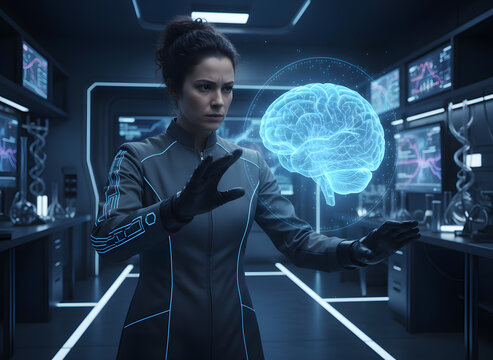 A Doctor Analyzing a 3D Holographic Brain Scan