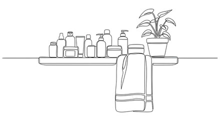 Obraz premium Stylish bathroom shelf with skincare bottles, plant, and folded towel, modern minimalist aesthetic for wellness brands