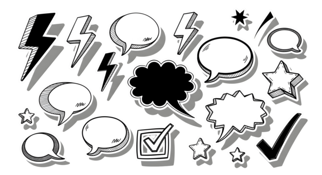 Dynamic speech bubbles, lightning bolts, and stars for impactful design projects and communication graphics