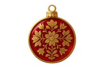 Ornate red and gold christmas ornament with floral bas-relief, decorative holiday bauble on transparent background
