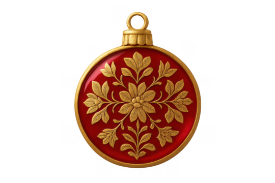 Ornate red and gold christmas ornament with floral bas-relief, decorative holiday bauble on transparent background