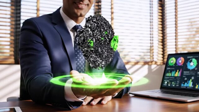 A man in a suit smiles as he holds an illuminated "Net Zero" logo; laptop with graphs present