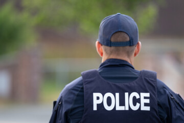 A male police officer wearing a bulletproof vest stands back on. The law enforcement officer wears...