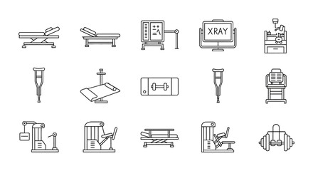 Medical equipment icons linear set showcasing physiotherapy rehabilitation tools  devices used in healthcare facilities for wellness recovery  therapy