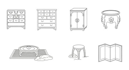 korean antique furniture line art icons dresser cabinet table and folding screen showcasing traditional korean design elements for interior decorating.