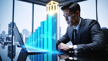 A suited man observes a laptop displaying a rising bar graph, city backdrop in a business setting - Powered by Adobe