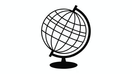 Simple black and white illustration of a globe on a stand, representing global connection and knowledge.