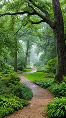 Naklejka premium Winding path through a lush, green garden.