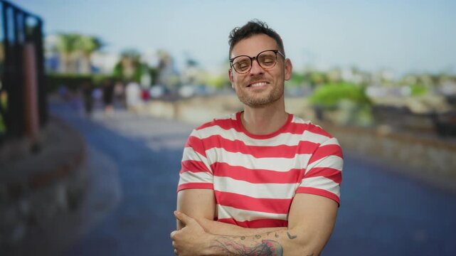 Young man with tattoos and glasses makes an okay gesture standing confidently on a bright urban street wearing a striped shirt with a blurred city background.