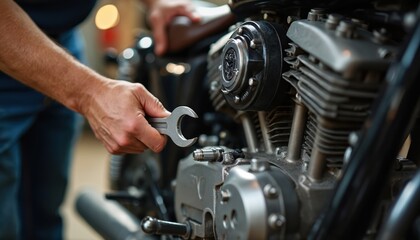 Mechanic uses wrench repairing motorcycle engine in workshop. Man fixing motorbike with tools. Closeup of working process. Bike service and repair concept. Pro checking motorcycle in garage.