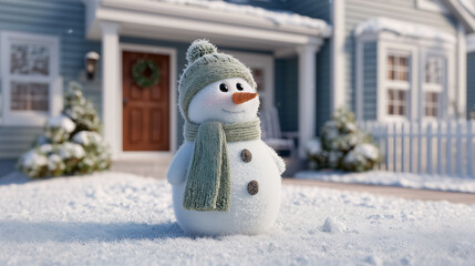 Happy snowman standing in front of a house in winter wearing a hat and a scarf