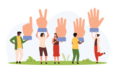 Diverse group of small people interacting with oversized hands showing finger counting gestures, representing numbers, learning, teamwork, communication in a playful flat isolated vector illustration