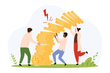 Three people try to stabilize a toppling stack of gold coins, symbolizing financial risk, economic instability, and inflation crisis in a flat isolated vector illustration