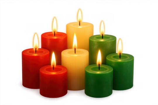 Burning red, green, and yellow candles creating festive atmosphere, isolated on transparent background for holiday design