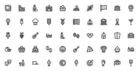 Italy themed vector icon set. Minimalist travel symbls including Ravioli, Coloseum, Vespa, Pizza, Gondol, Venice, Flag and more. Eitable stroke illustration © wang