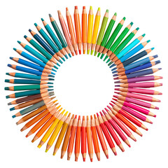 Color pencils arranged in circular pattern isolated on transparent background &ndash; creative art concept