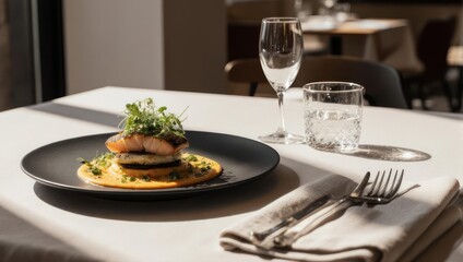 Fine dining table setting with a gourmet meal on a black plate and glass of water