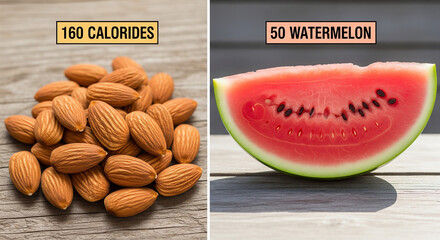 Evaluate the caloric density difference between a handful of almonds and a serving of watermelon.