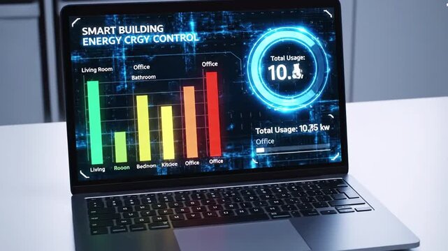 A laptop displays a "Smart Building Energy Control" interface with energy usage graphs and data