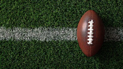 Close Up of an American Football on Green Turf with White Stripe Line Overhead Shot on a Sunny Day for Sport Advertisement and Background