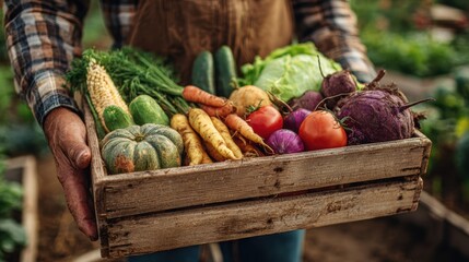 farmer holding wooden box full of fresh vegetables. harvesting season. basket with vegetables in the hands of a farmer background, healthy, organic, food, agriculture
