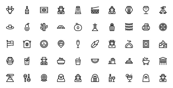 Chilean icon set. Vector illustration of Huemul, Moa, Poncho, Pisco, Alpaca, Mpuche, Volcano and other ntional symbols. Editable sroke design.