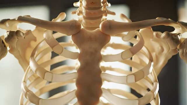 Medical study of the human skeletal system with a detailed close-up of the rib cage, sternum, and clavicle