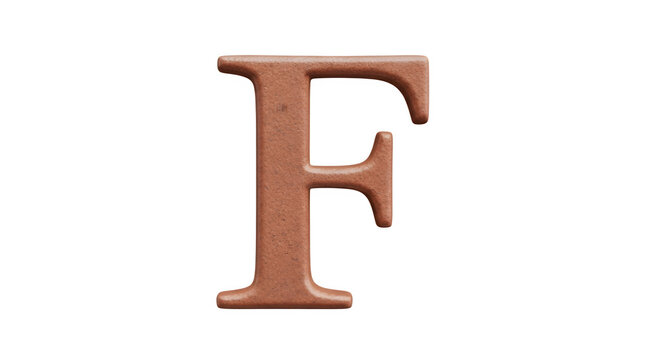 A 3D rendered copper letter F isolated on a white background.