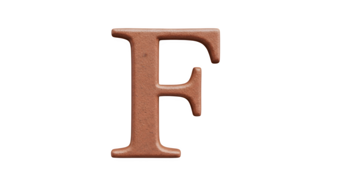 A 3D rendered copper letter F isolated on a white background.