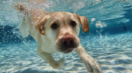 Funny underwater picture of puppies in swimming pool playing deep dive action training game with family pets and popular dog breeds during summer holidays. recreation, relax, generate by AI