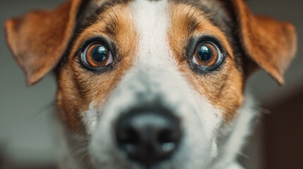 Young crazy surprised dog make big eyes closeup. surprised dog funny face big eyes. Young dog looking surprised and scared. Emotional surprised wide big eye dog at home, high quality photo
